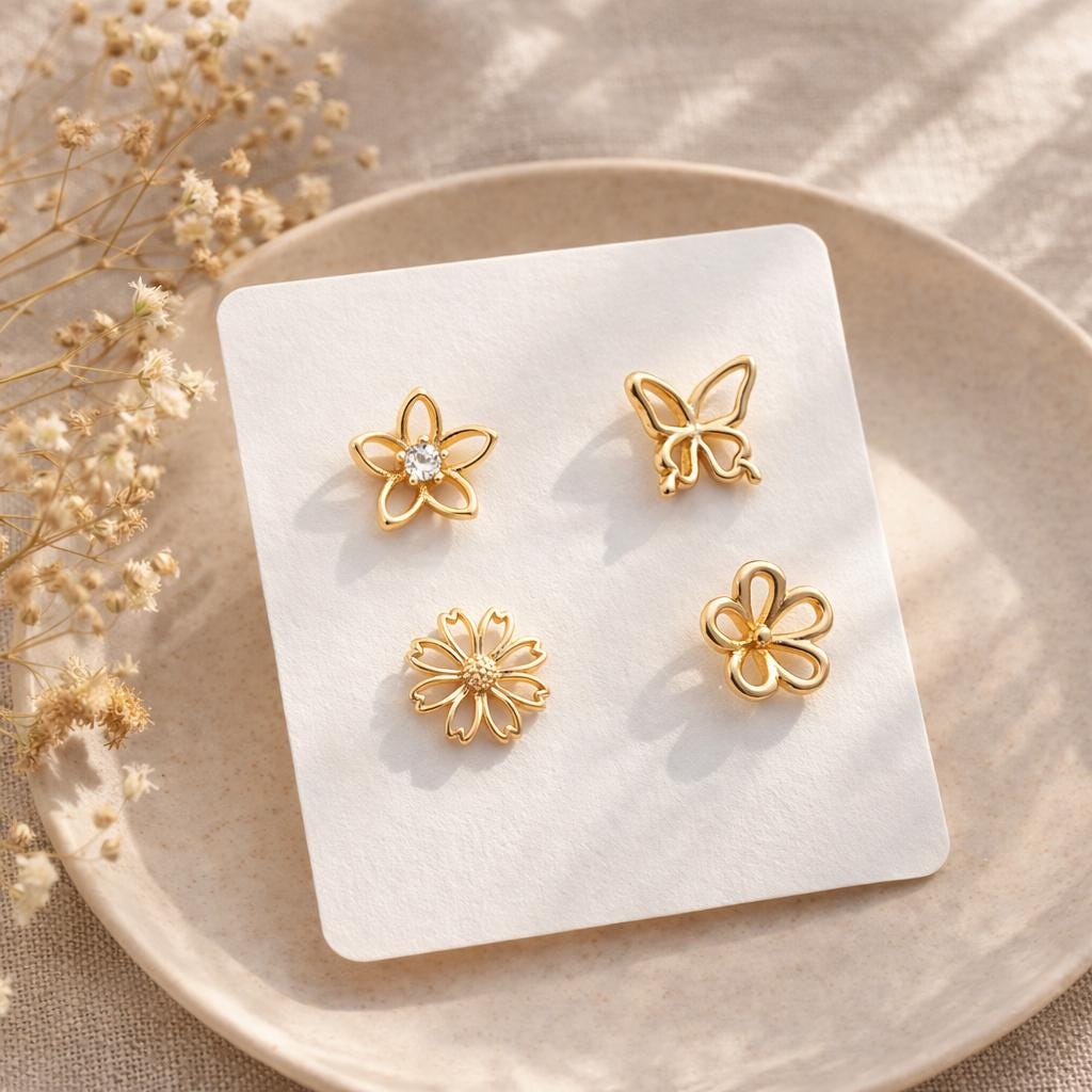 10pcs Gold/ Silver Hollow Flower Butterfly Stud Earrings, Gold/ Rhodium plated Brass, Jewelry Supplies (GB-4323)